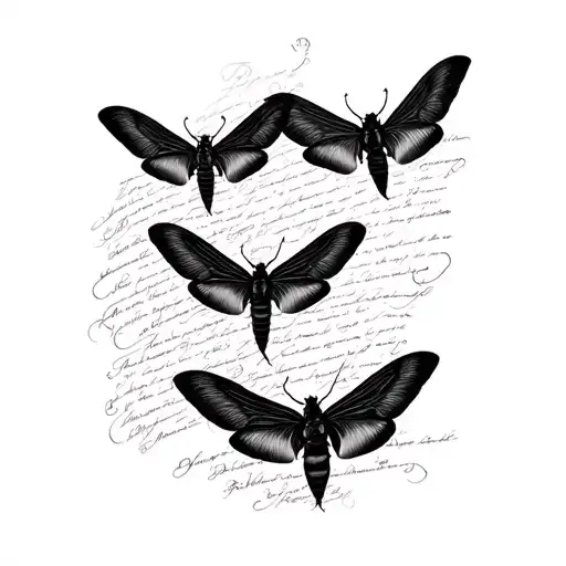 Multiple small moth silhouettes “fading” into script like wisps of thread into a scarf tattoo design idea
