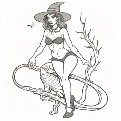 Pinup anthropomorphic cat witch girl standing tattoo design idea