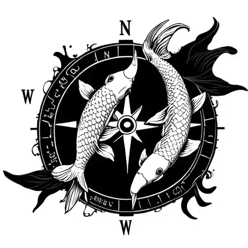 two koi fish swimming around compass rose tattoo design idea