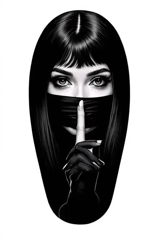 Realistic woman, eyes hidden, finger to lips in 'shh' pose, mysterious and magical aura, black and grey tattoo style." tattoo design idea