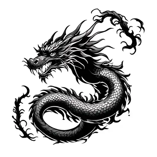 A compact Japanese-style tattoo design for the forearm. A coiled oriental dragon in black ink, drawn in a scratchy brush tattoo design idea