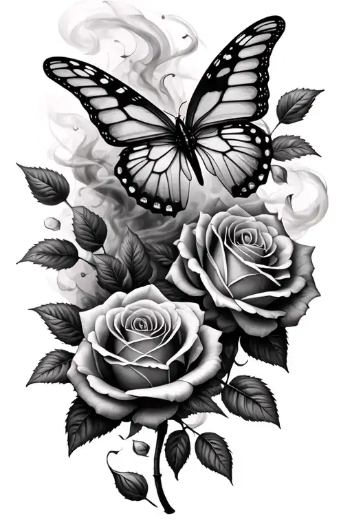 butterfly, two thorny roses surrounding, falling rose pedals fading into smoke tattoo design idea