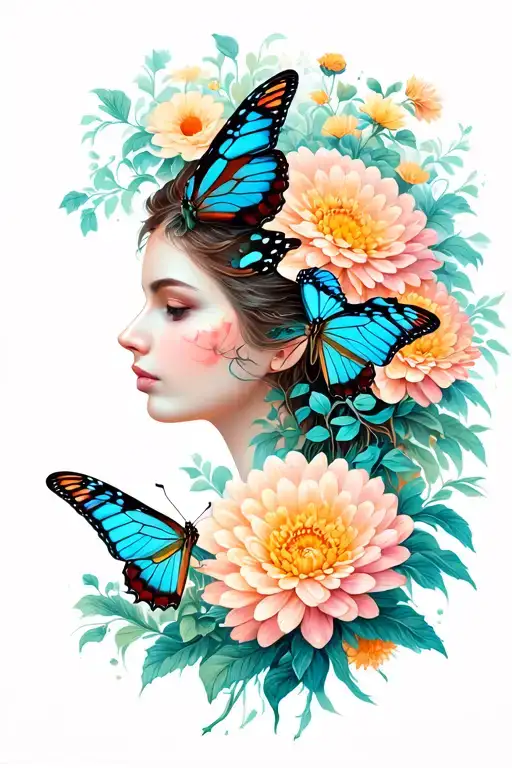 virgo zodiac sign with butterflys souronding and chrysanthemums tattoo design idea