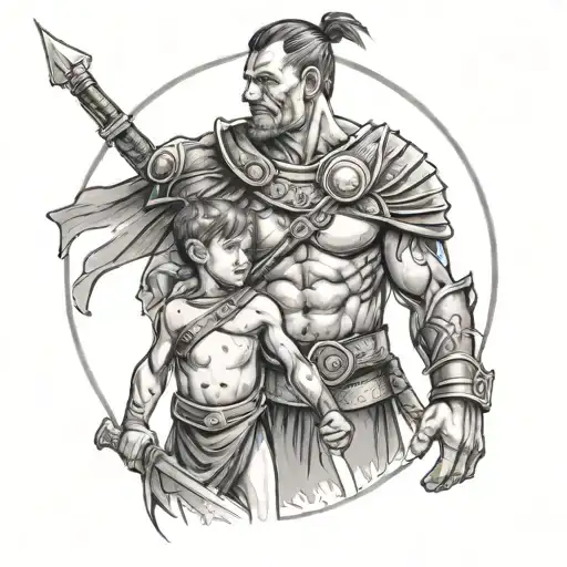 warrior Dad with child standing tattoo design idea