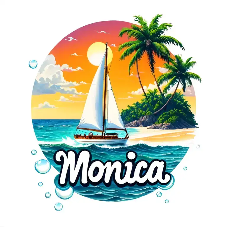 "Monica" "Monica" "Monica" white sailboat sailing away towards sunrise sky, ocean, island with palm, beach, bubble letters at bottom tattoo design idea