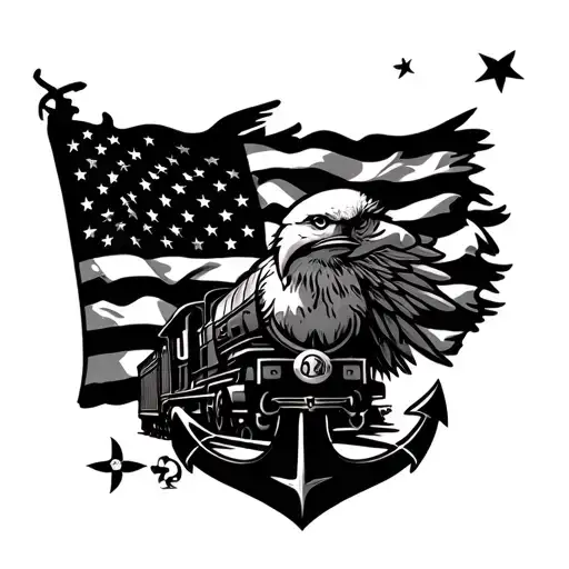American flag a train a eagle and a anchor marine tattoo design idea