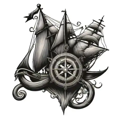 old classic sail ship, compass, and classic stylish anchor with realistic sharp details, overall round design tattoo design idea