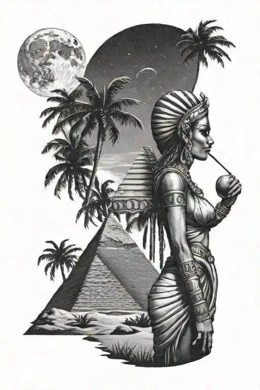 Egyptian lady walking away with a pyramid, palm trees and moon in the distance in the dark. Black and white tattoo design idea
