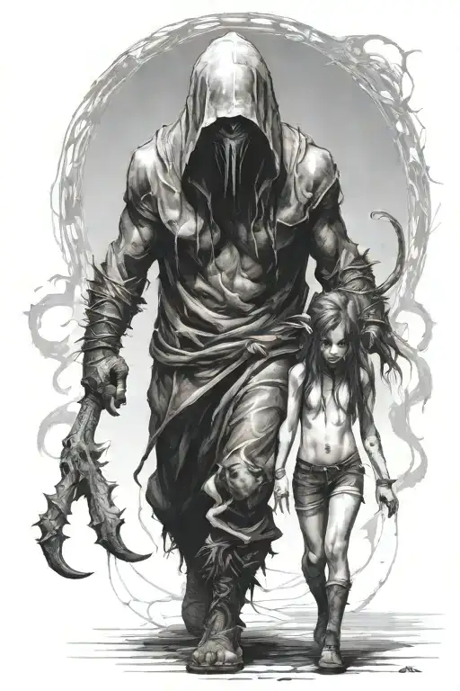 a girl and a huge hooded beast or demon walking side by side tattoo design idea