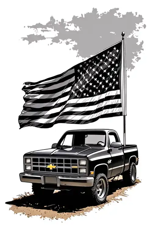 1987 squarebody chevy truck in front of distressed flag tattoo design idea