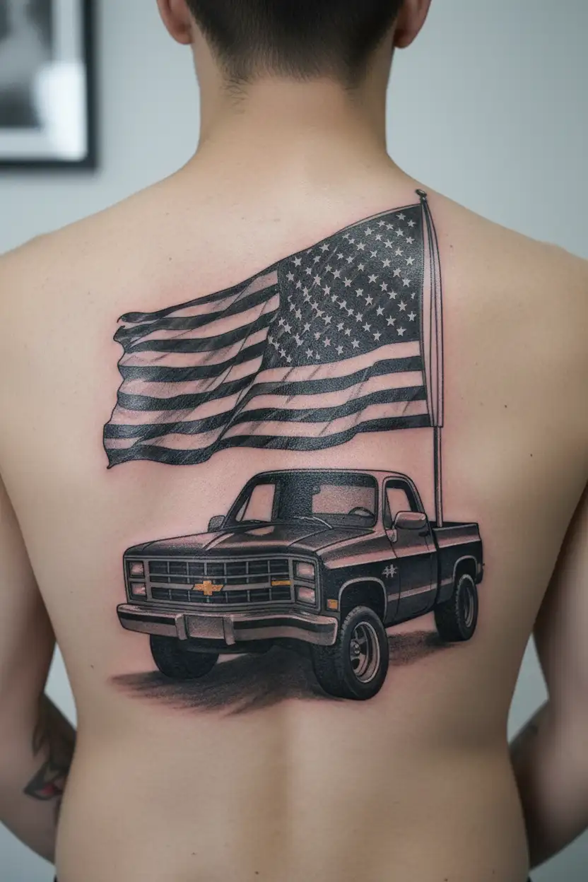 1987 squarebody chevy truck in front of distressed flag tattoo design idea