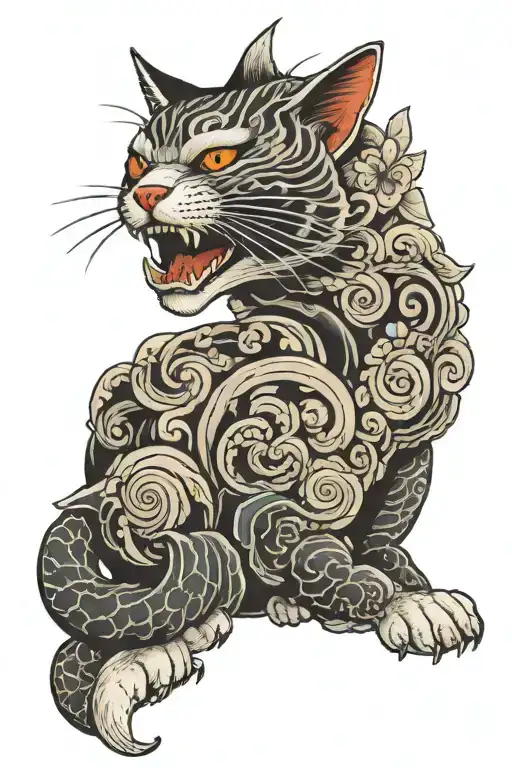 traditional japanese tattoo with the head of a white hissing cat tattoo design idea