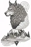 taurus zodiac sign with mountains and nights sky with wolf tattoo design idea