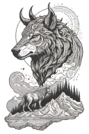 taurus zodiac sign with mountains and nights sky with wolf tattoo design idea