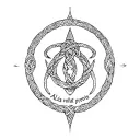 Libra symbol, with Kitsune with seven tails, , with the phrase "Alis volat propris", and Witch Knot - black white tattoo tattoo design idea