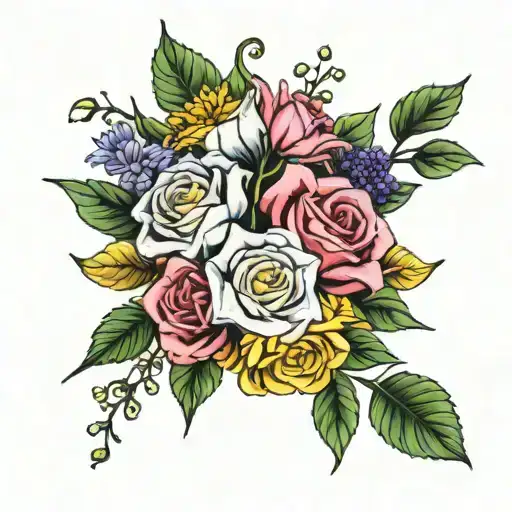 rose, aster, morning glory, jonquil bouquet tattoo design idea