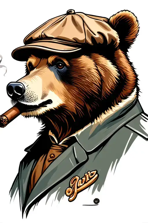 calm bear wearing flat cap and smoking cigar tattoo design idea