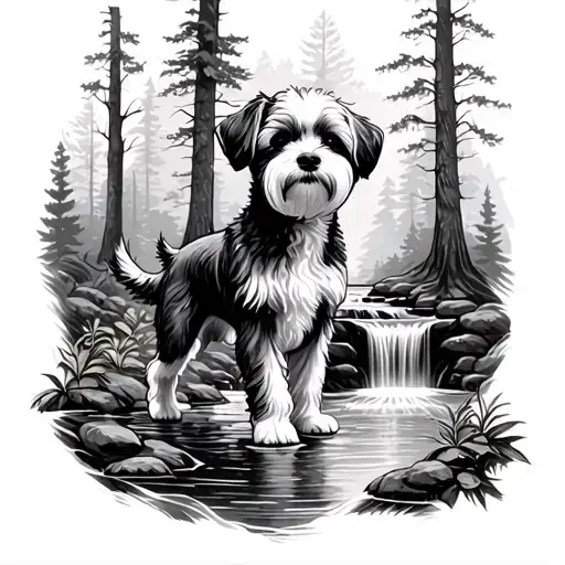 shitzu bichon standing in a forest with a waterfall line art tattoo design idea
