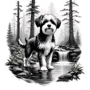 shitzu bichon standing in a forest with a waterfall line art tattoo design idea