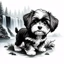 shitzu bichon standing in a forest with a waterfall line art tattoo design idea