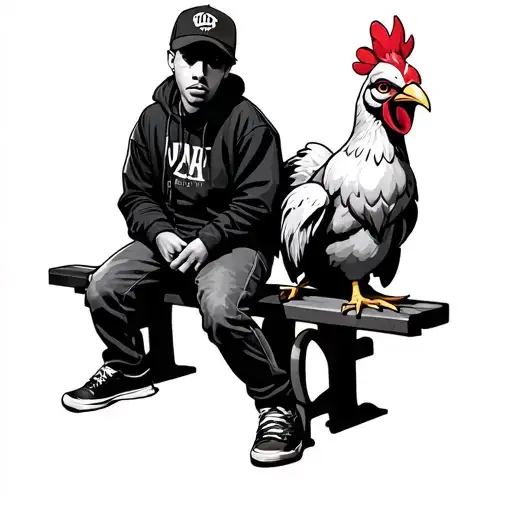 Canserbero the rapper and pepe the chicken sitting on a back bench tattoo design idea