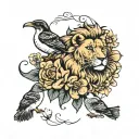 lion, cub, daisy's, floral, and penguins floating tattoo design idea