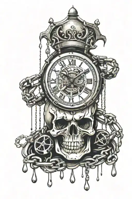 skull with a melted clock and chains around it with the words "enslaved by time" tattoo design idea