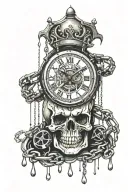 skull with a melted clock and chains around it with the words "enslaved by time" tattoo design idea