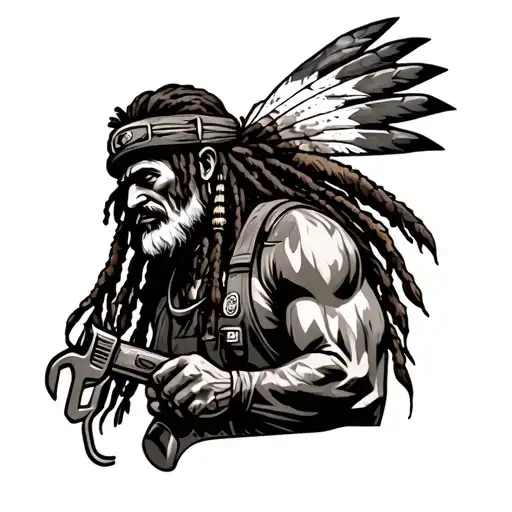 dread native American plumber holding a wrench tattoo design idea