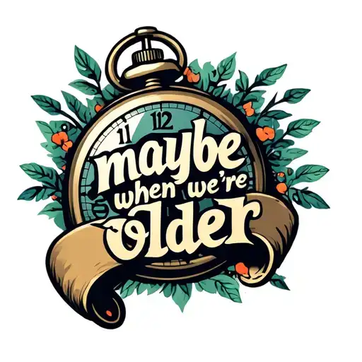 "maybe when we're older" pocket watch and large text tattoo design idea