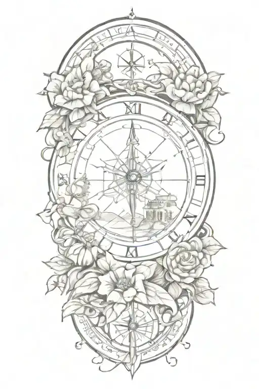 tattoo featuring roman landscape, compass, globe surrounded by flowers and vines tattoo design idea