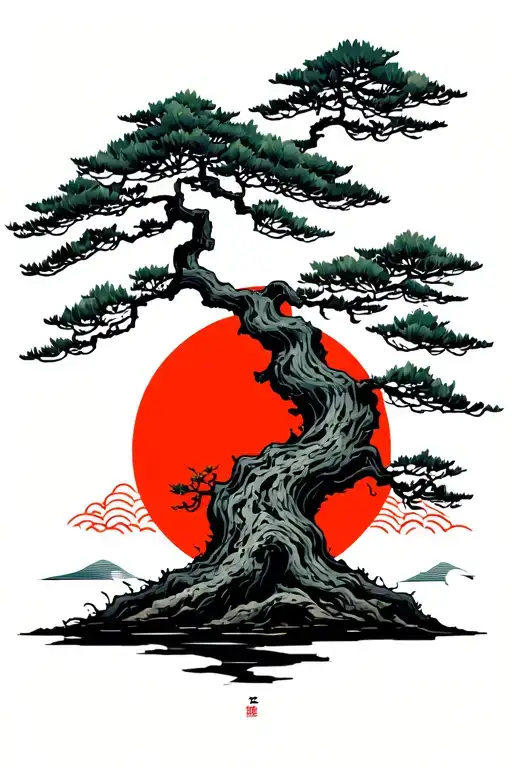 Japanese Bonsai Tree without leaves in front of the rising sun tattoo design idea