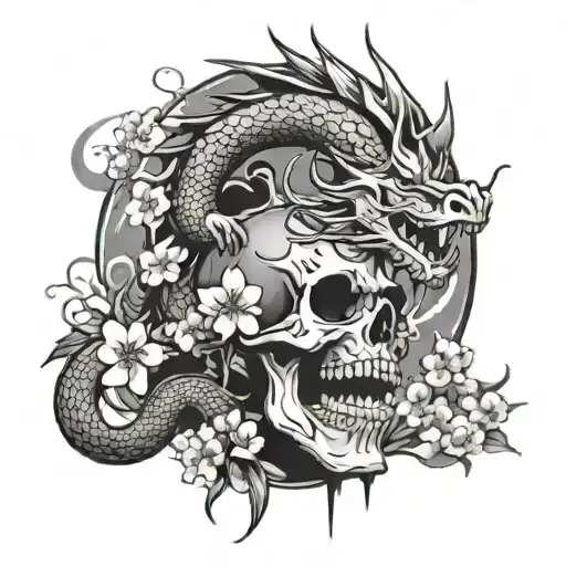 dragon, skull, temple and cherry blossom tree tattoo design idea