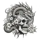 dragon, skull, temple and cherry blossom tree tattoo design idea