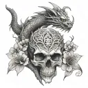 dragon, skull, temple and cherry blossom tree tattoo design idea