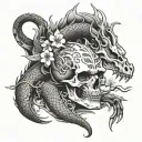dragon, skull, temple and cherry blossom tree tattoo design idea