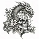 dragon, skull, temple and cherry blossom tree tattoo design idea