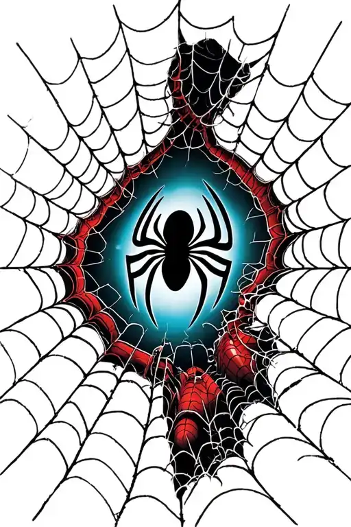 unfinished and broken spider web with a spider crawling down the web and hidden spiderman logo in the web tattoo design idea