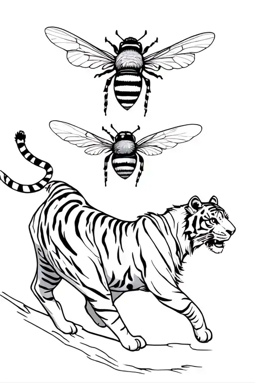 Fine Line Bee flying above tiger walking tattoo design idea