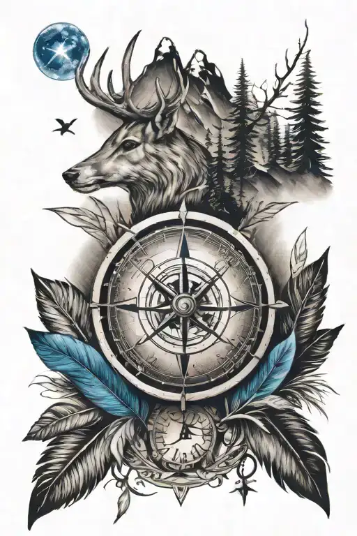 mountain, compass, dog paw, blue feather, deer tattoo design idea