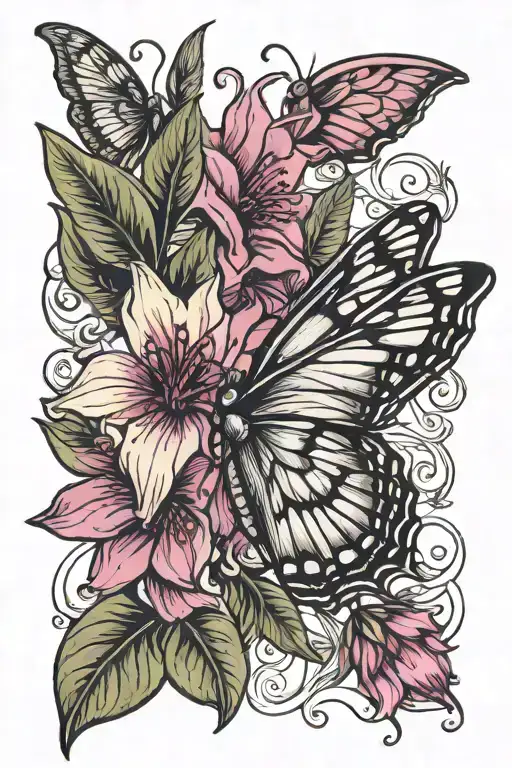 butterfly, fuchsia flower fine line tattoo design idea