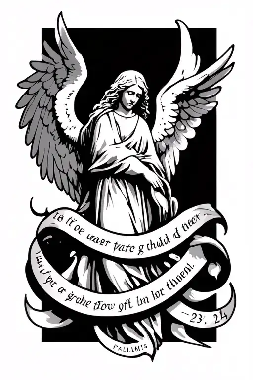 guardian angel with Bible verse intertwined psalms 23:4 tattoo design idea