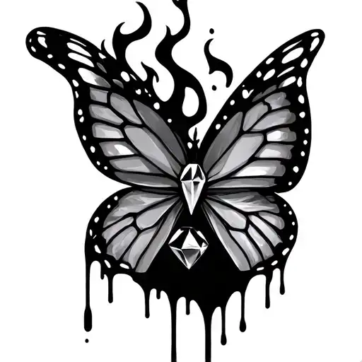 flame butterfly with blood dripping that turns into diamonds tattoo design idea