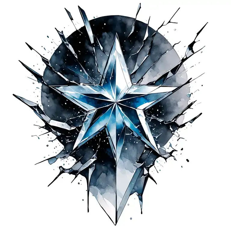 massive watercolor design of a star of shattered glass, light breaking off in flowing steams tattoo design idea