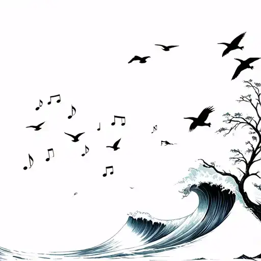 dawn, big wave, black seagulls flying, bare tree leaning out to catch the sun's rays, musical notes tattoo design idea
