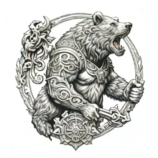 full sleve tattoo norse mythology with bear, weapons, signs, gods tattoo design idea
