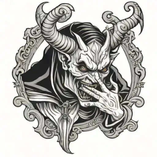 devil holding a crying nun shushing tattoo design idea