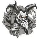 devil holding a crying nun shushing tattoo design idea