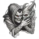 devil holding a crying nun shushing tattoo design idea