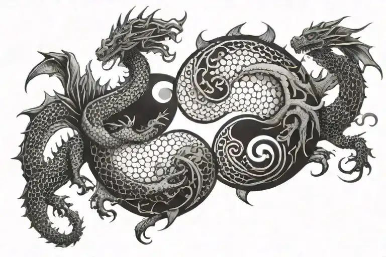 evil and kind dragons yin and yang wathing each other, and sphere in the middle between them tattoo design idea